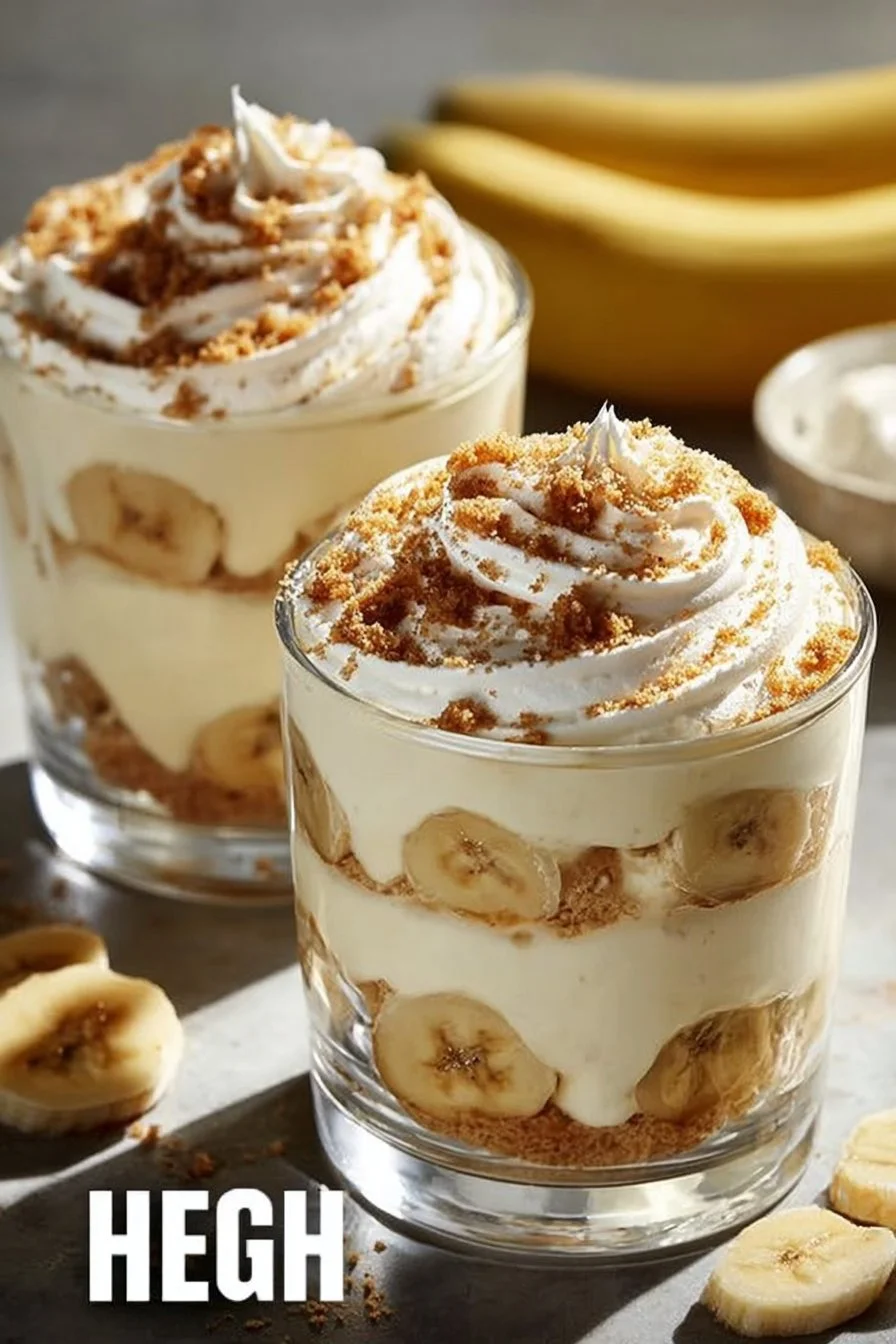 Protein-packed banana pudding served in a bowl with slices of banana on top.