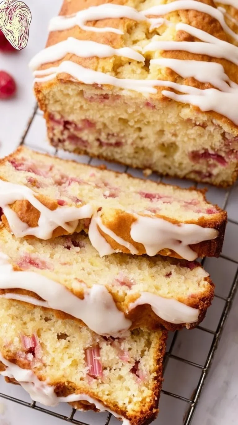 Freshly baked rhubarb bread with slices displayed on a rustic wooden table.