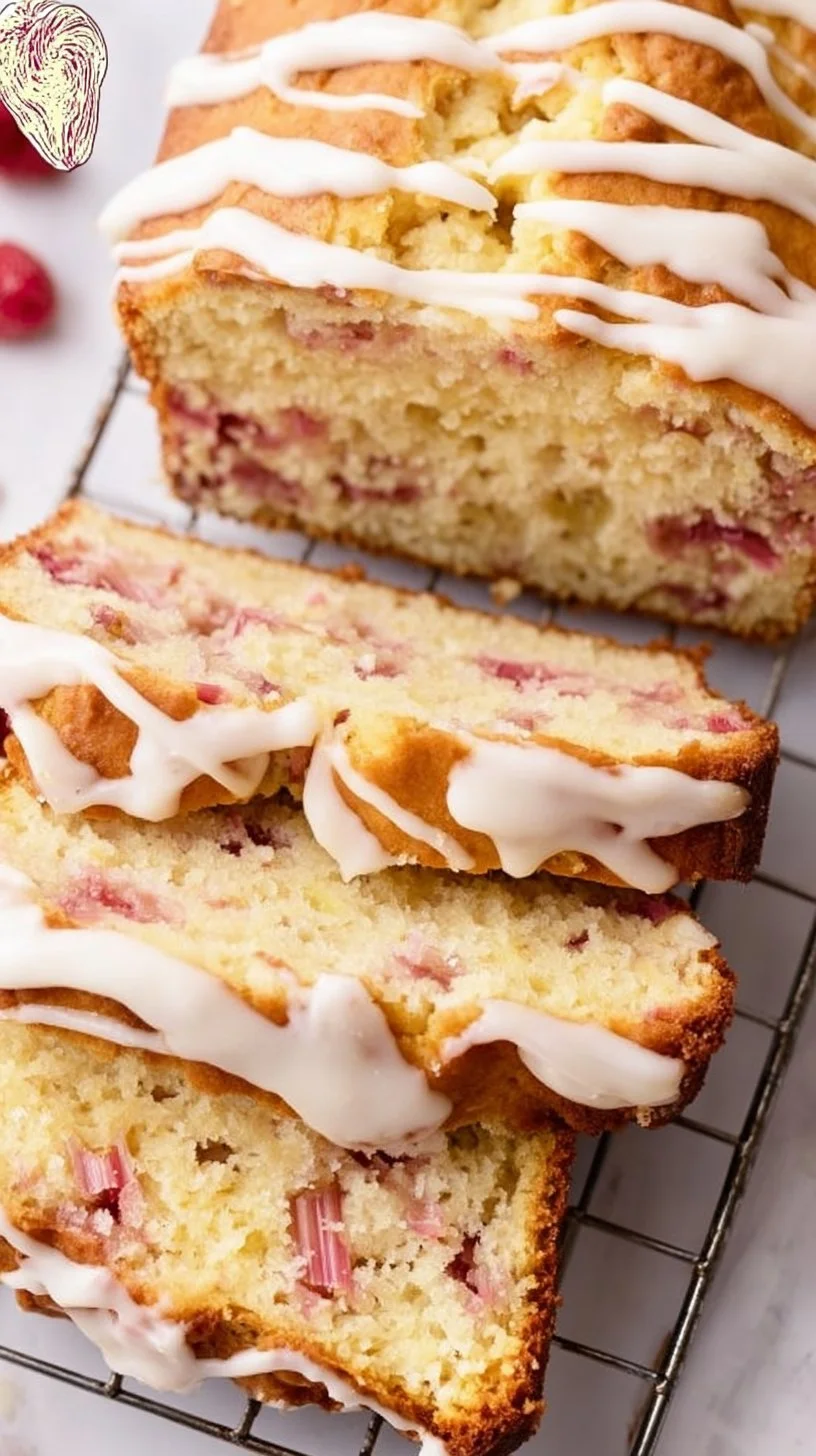 Freshly baked rhubarb bread with slices displayed on a rustic wooden table.