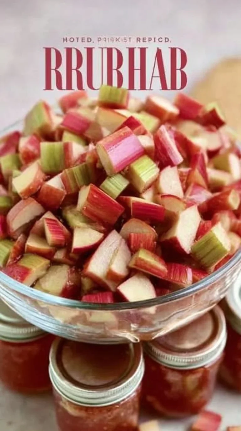 Jar of homemade Rhubarb Cinnamon Jam with a spoon and fresh rhubarb.