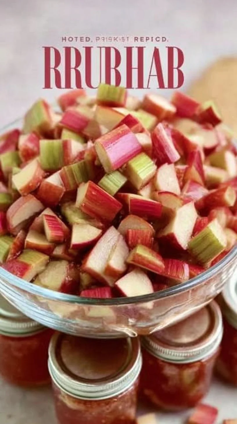 Jar of homemade Rhubarb Cinnamon Jam with a spoon and fresh rhubarb.