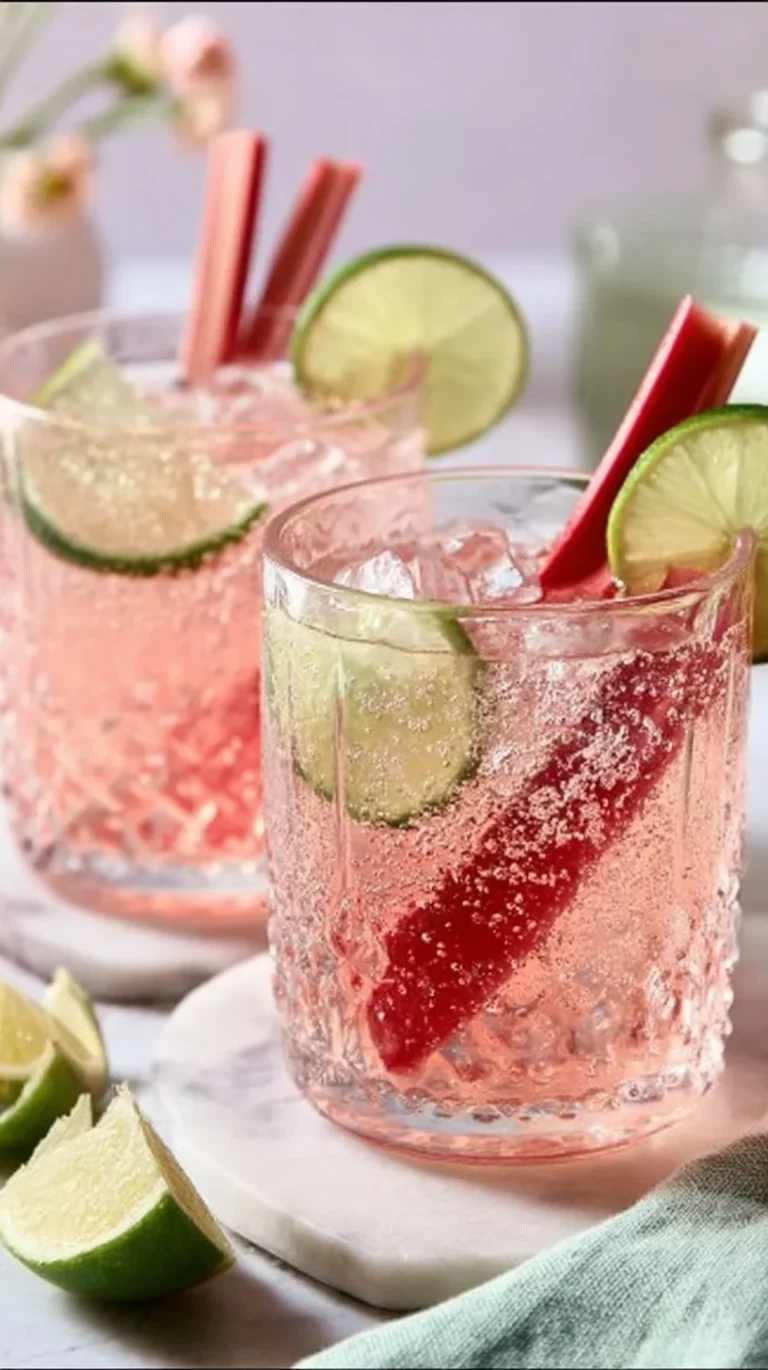 Rhubarb Gin Tonic cocktail in a glass with garnishes
