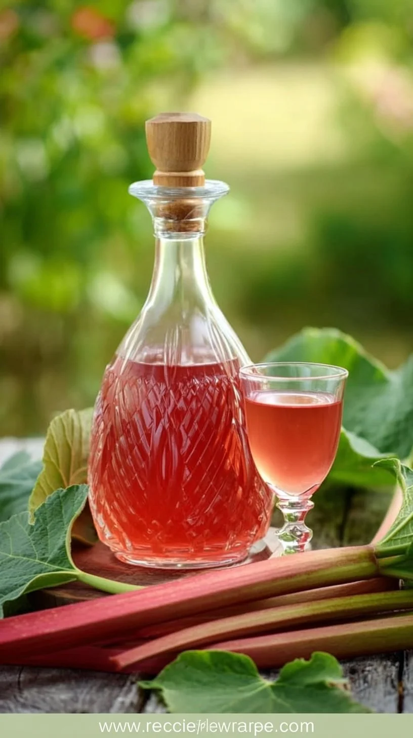 Bottle of homemade rhubarb liqueur with fresh rhubarb stalks