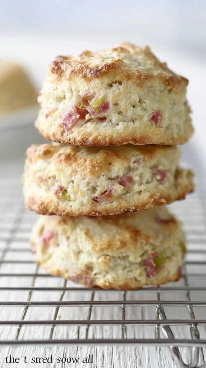 Freshly baked rhubarb scones with a golden crust and rhubarb pieces