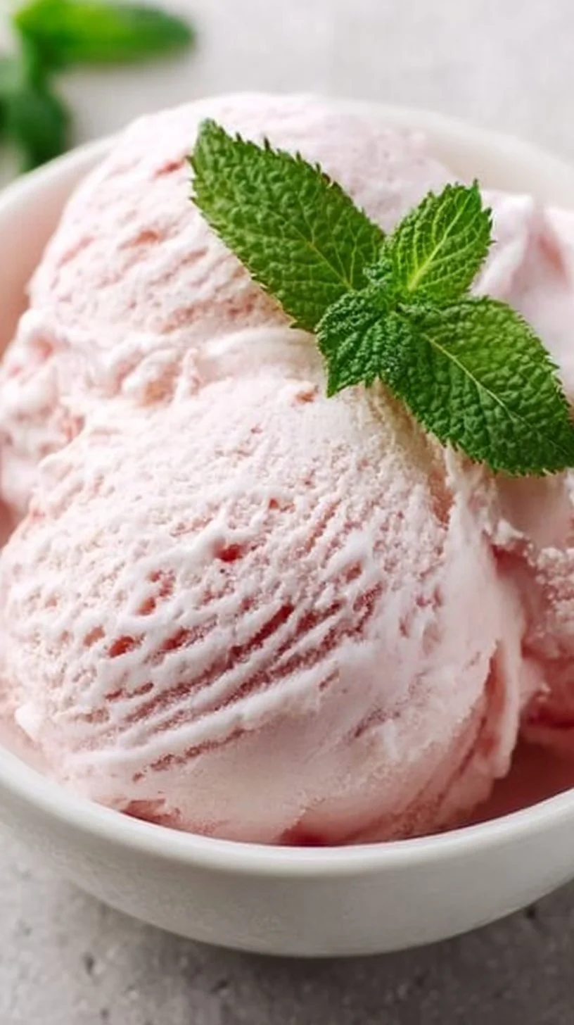 Delicious homemade rhubarb vanilla ice cream in a bowl
