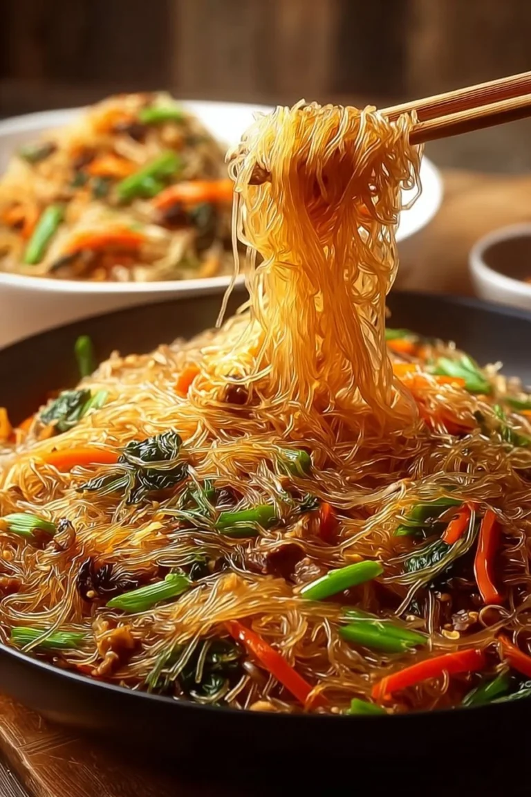 Colorful rice noodle stir-fry with vegetables and protein