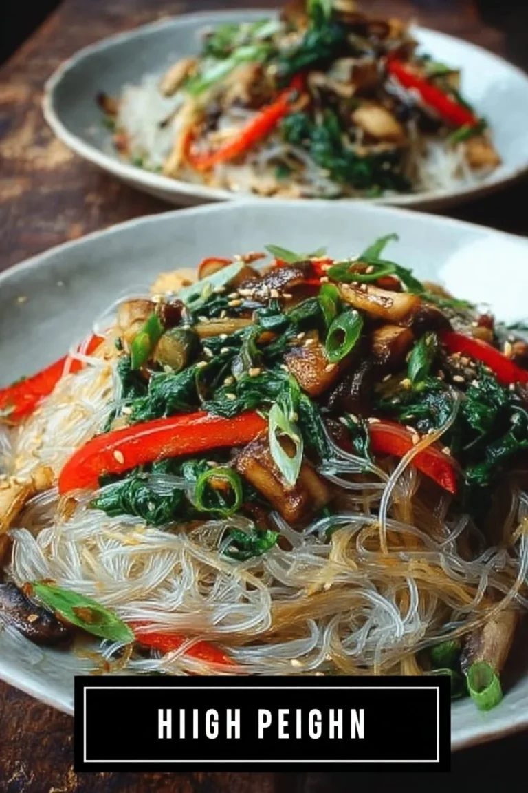 Colorful rice noodle stir-fry with vegetables and chicken in a wok.