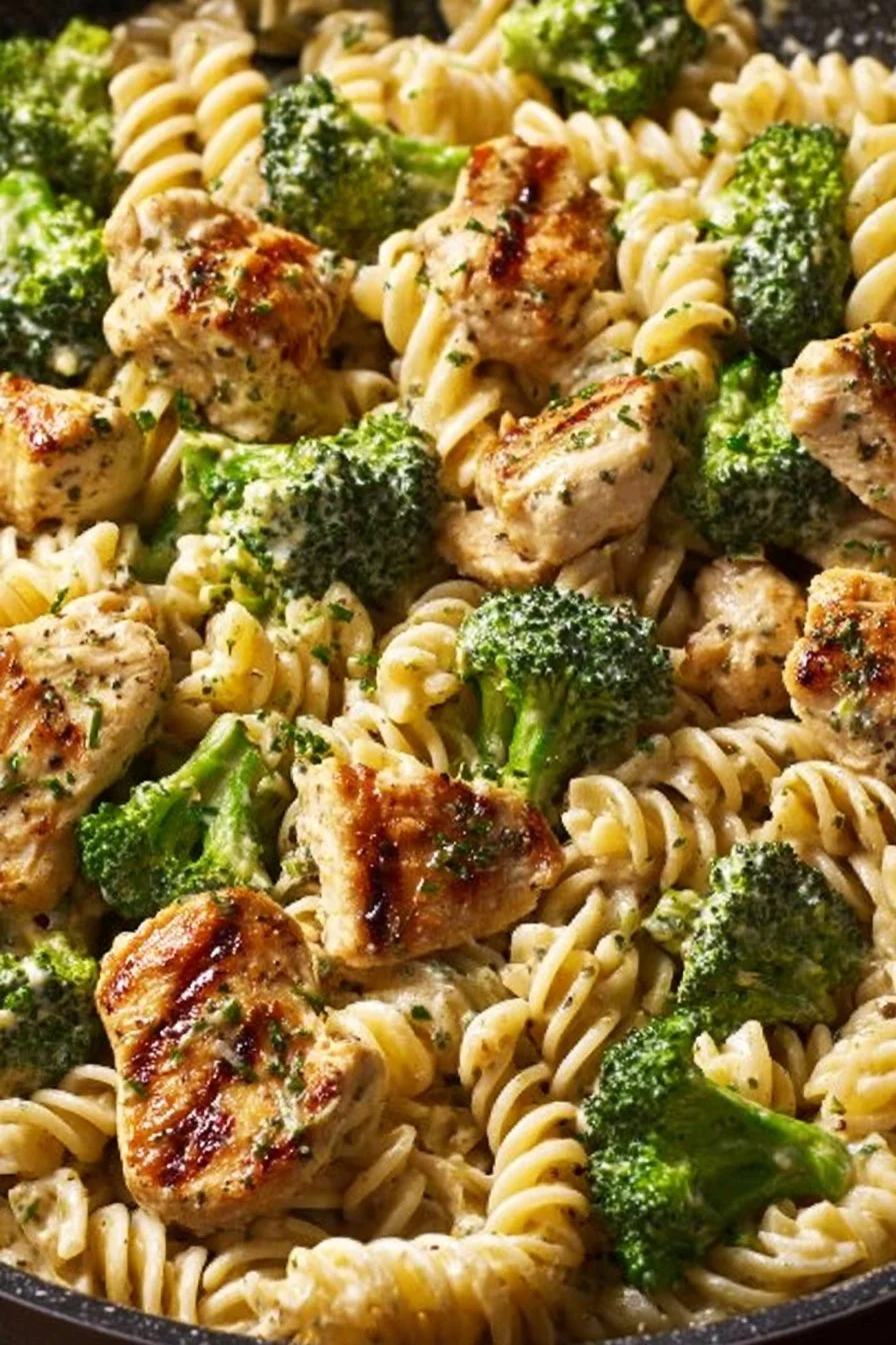 Rotisserie chicken with broccoli pasta dish topped with cheese.
