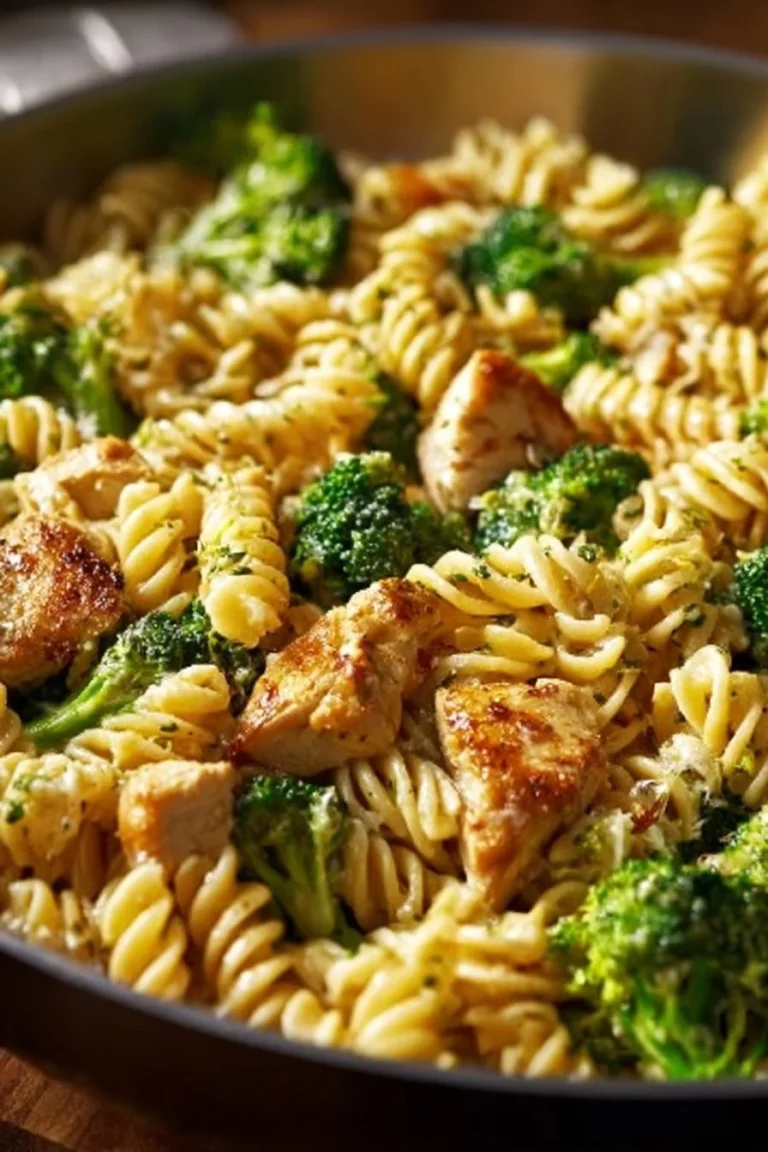 Rotisserie Chicken Broccoli Pasta dish served in a bowl with fresh herbs