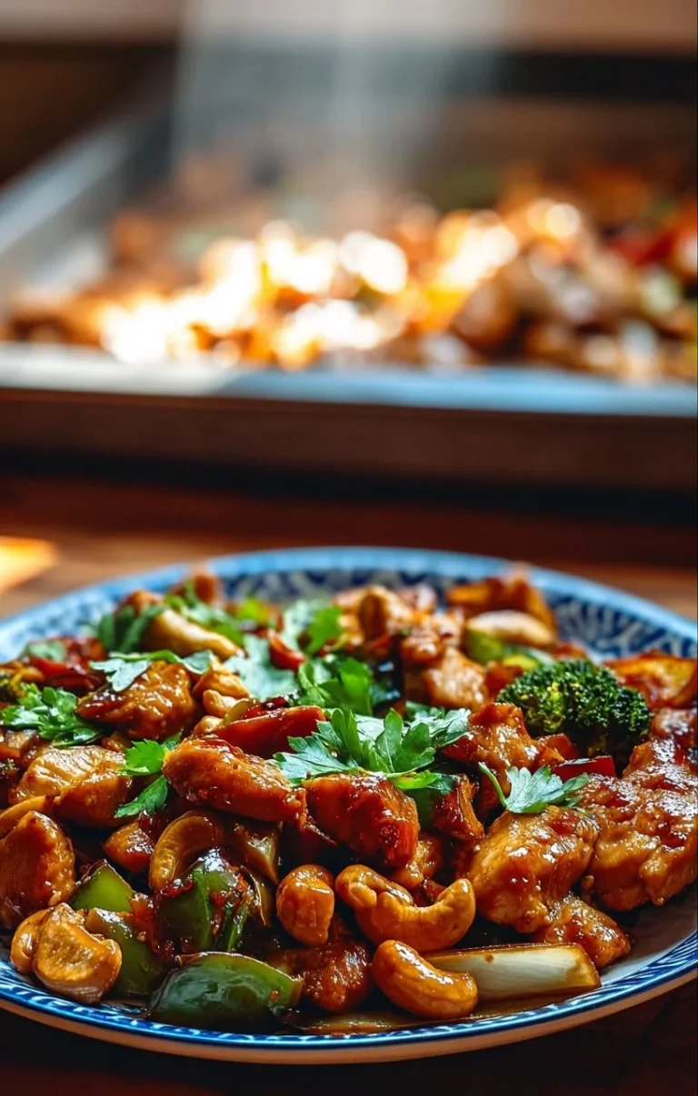 Sheet Pan Cashew Chicken with roasted vegetables and crunchy cashews