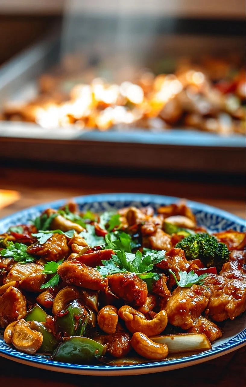 Sheet Pan Cashew Chicken with roasted vegetables and crunchy cashews