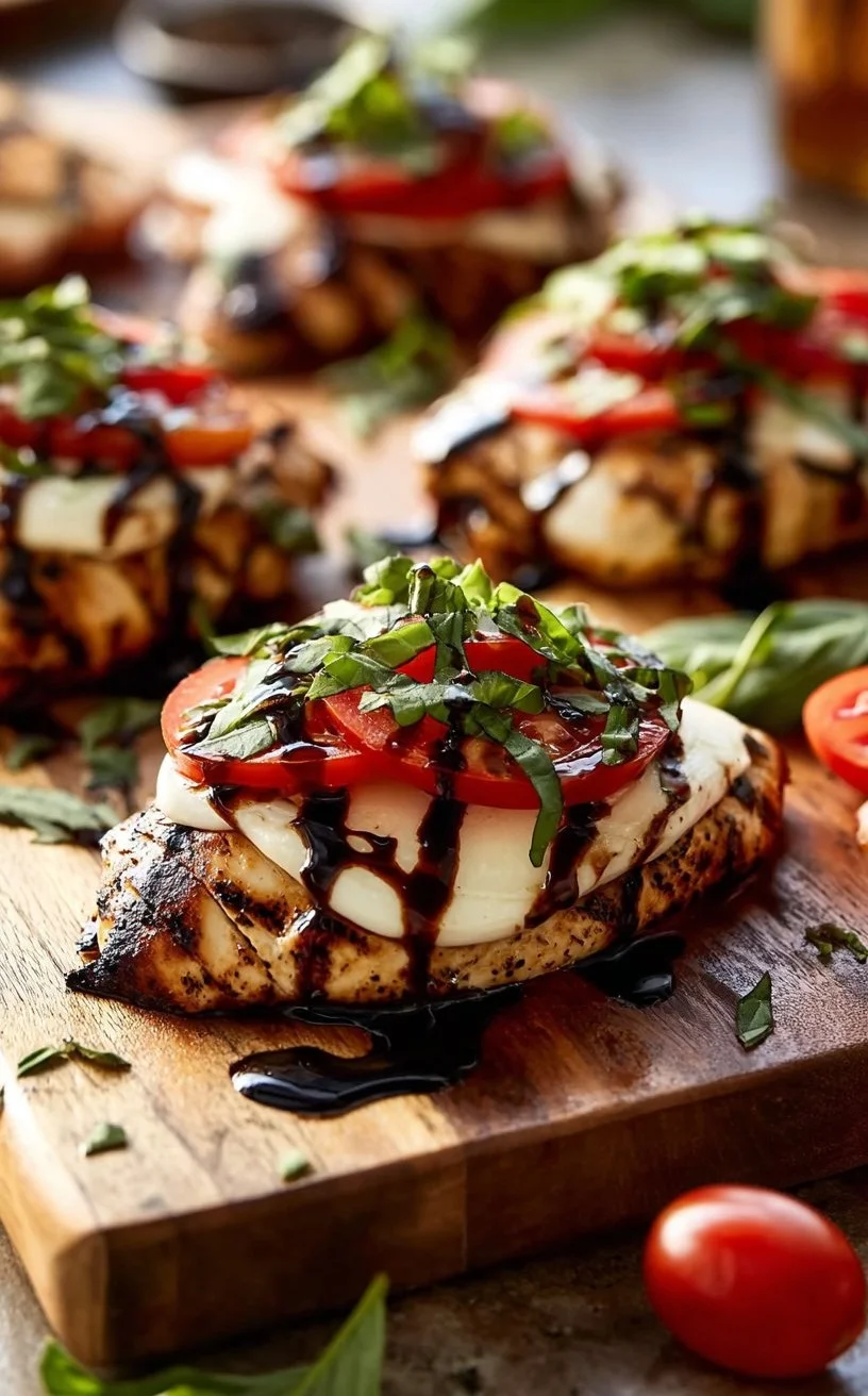Juicy grilled chicken caprese with fresh basil, tomatoes, and mozzarella cheese