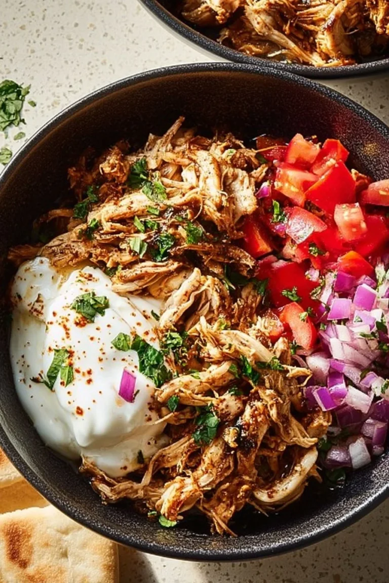 Slow cooker chicken shawarma served with fresh vegetables and pita bread