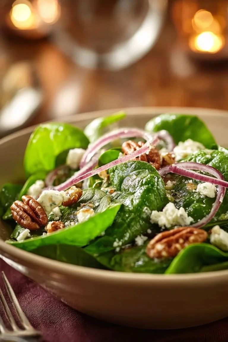 Fresh spinach salad drizzled with poppy seed dressing, garnished with toppings.