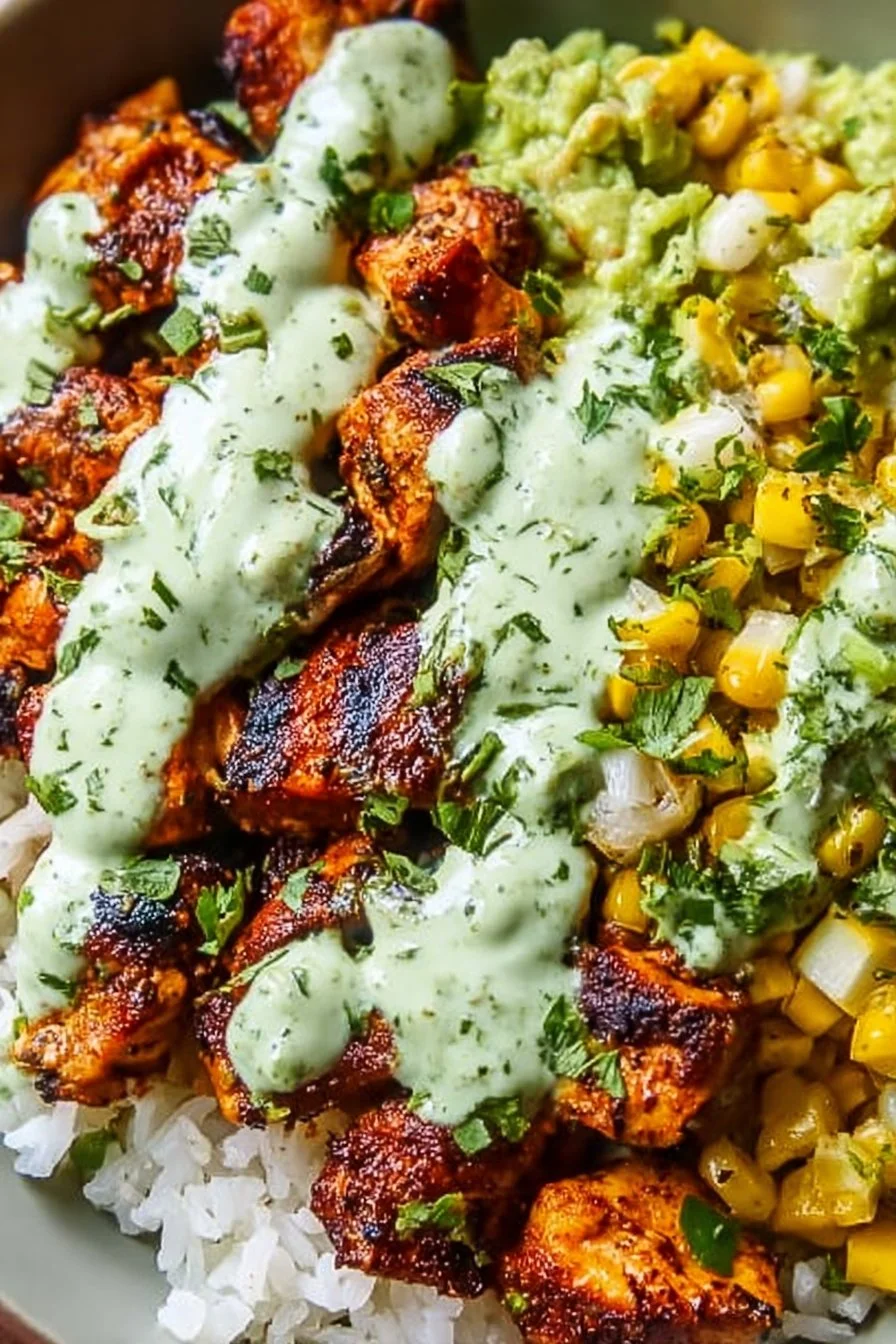 Delicious Street Corn Chicken Rice Bowl with chicken, corn, and rice