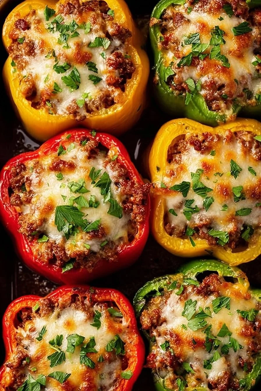 Colorful stuffed bell peppers filled with rice, meat, and vegetables