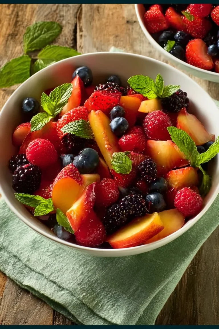 Delicious summer peach fruit salad with fresh peaches and assorted fruits