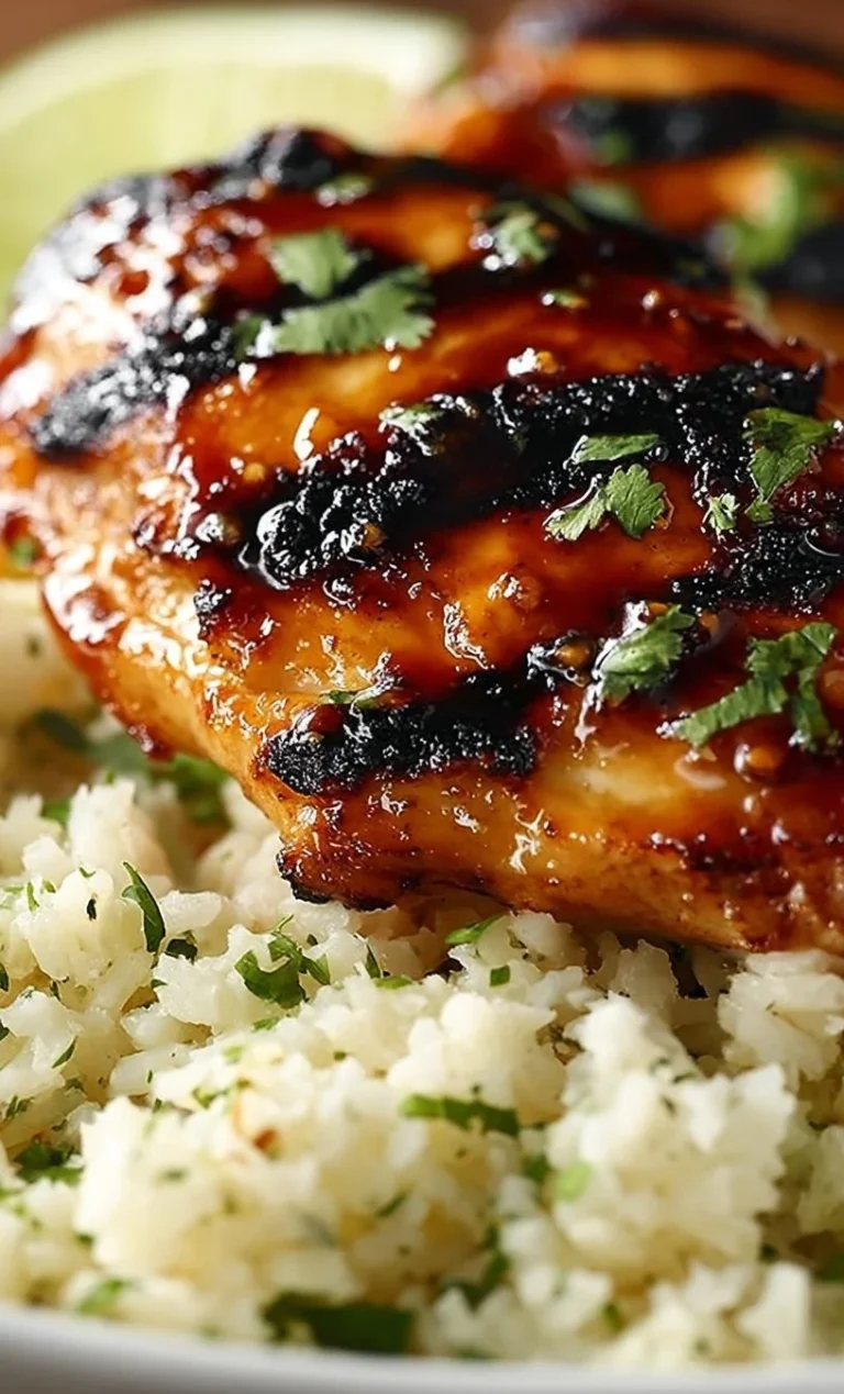 Sweet Chili Coconut-Lime Grilled Chicken on a plate with fresh herbs and lime slices.