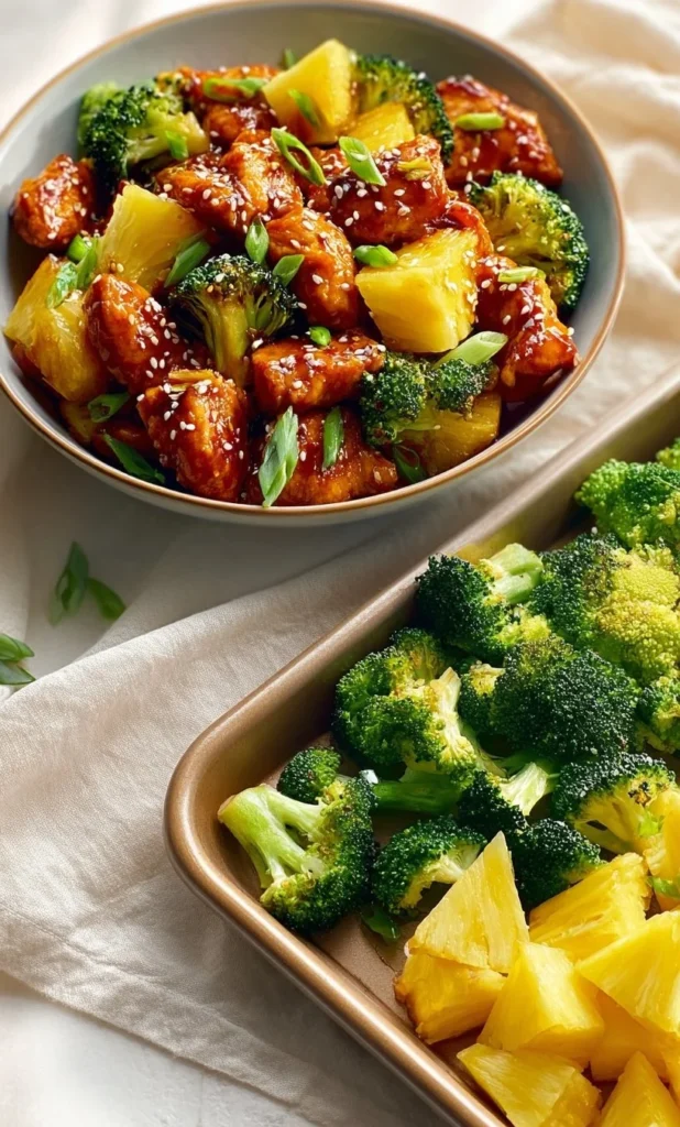 Delicious teriyaki chicken with pineapple and broccoli on a sheet pan.