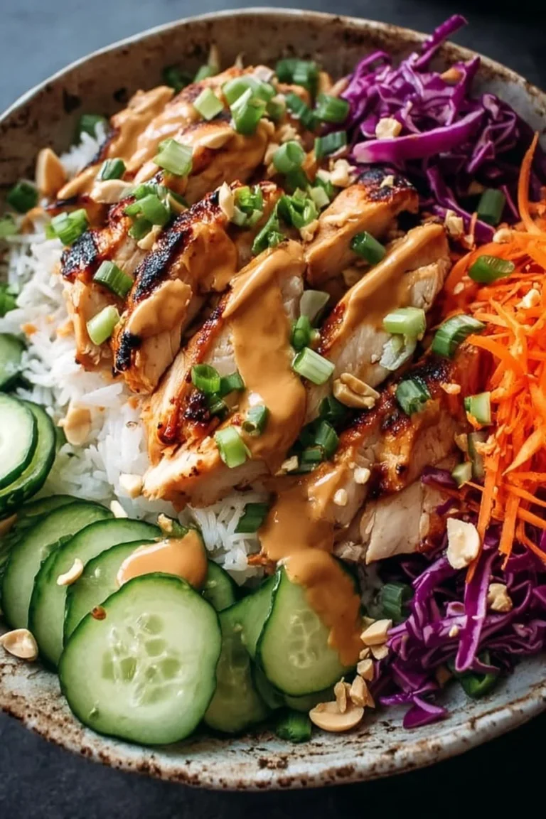Delicious Thai Peanut Chicken Bowl with vibrant vegetables and creamy peanut sauce