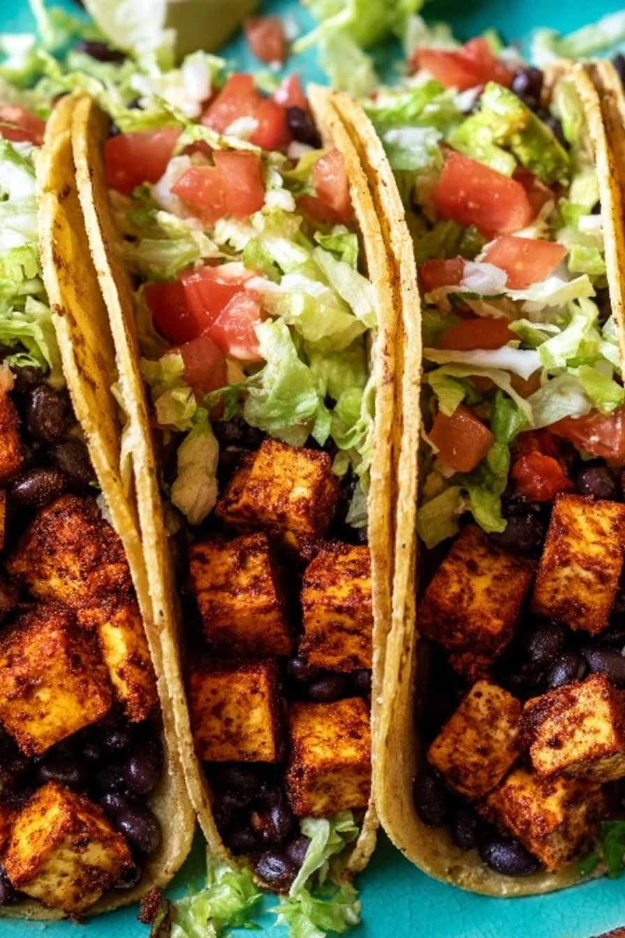 Delicious tofu tacos served with fresh toppings in a colorful presentation.