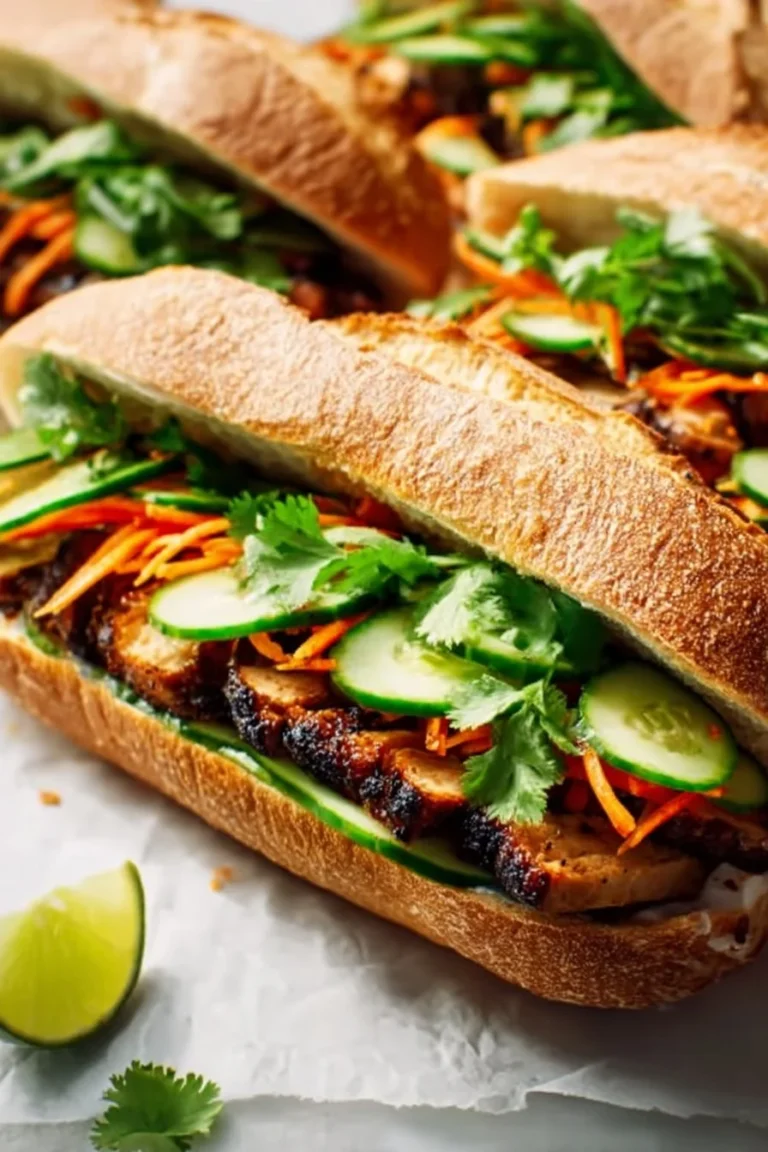 Authentic Vietnamese Chicken Banh Mi sandwich with fresh herbs and vegetables
