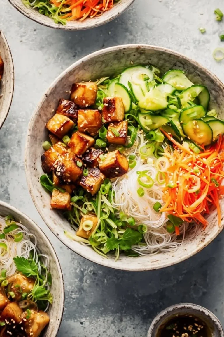 A bowl of Vietnamese Chicken Noodle Bowls with fresh herbs and vibrant ingredients