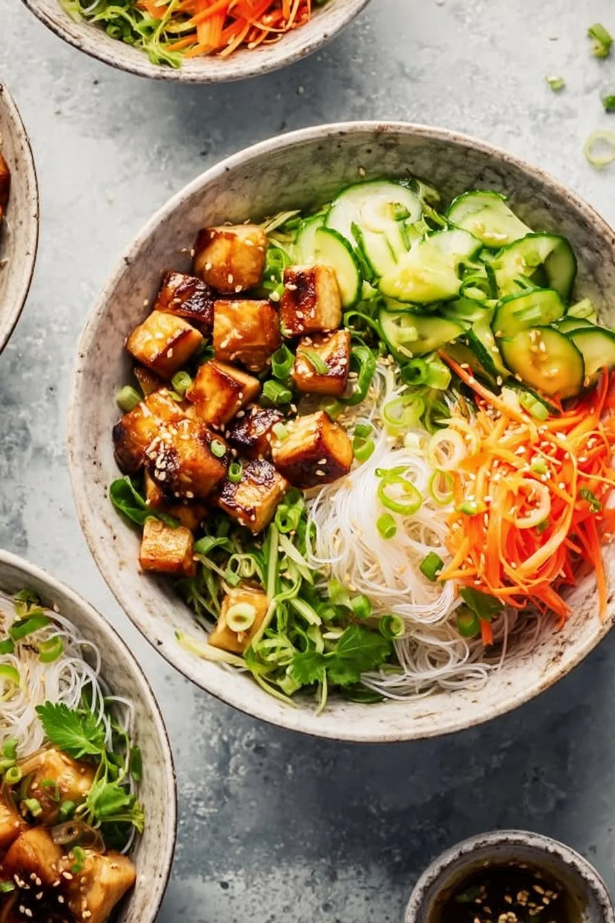 A bowl of Vietnamese Chicken Noodle Bowls with fresh herbs and vibrant ingredients